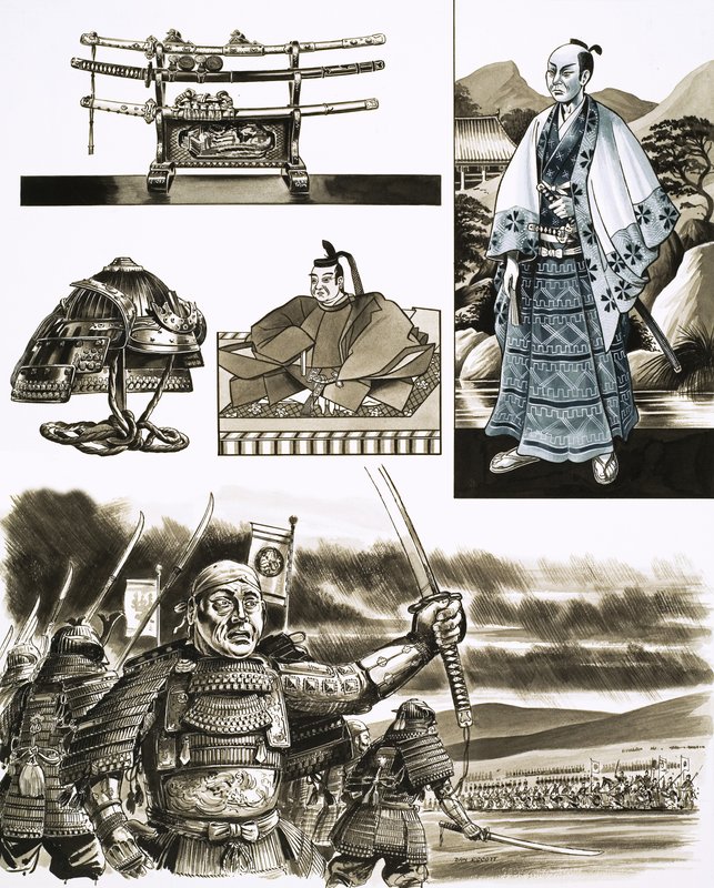 Samuraiens erhverv er røveri og vold (gouache på papir) af Dan Escott