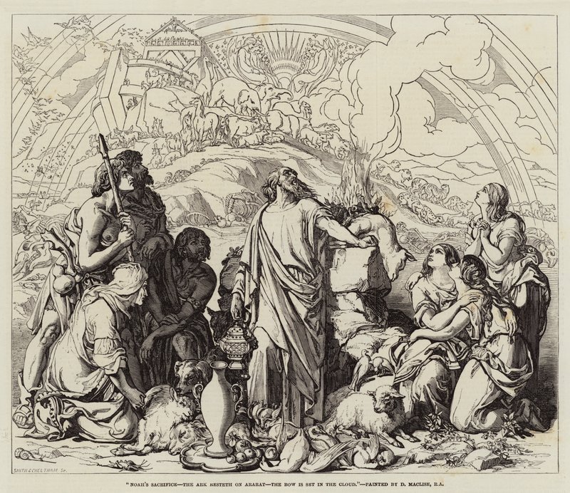 Noas offer, arken hviler på Ararat, buen er sat i skyen af Daniel Maclise