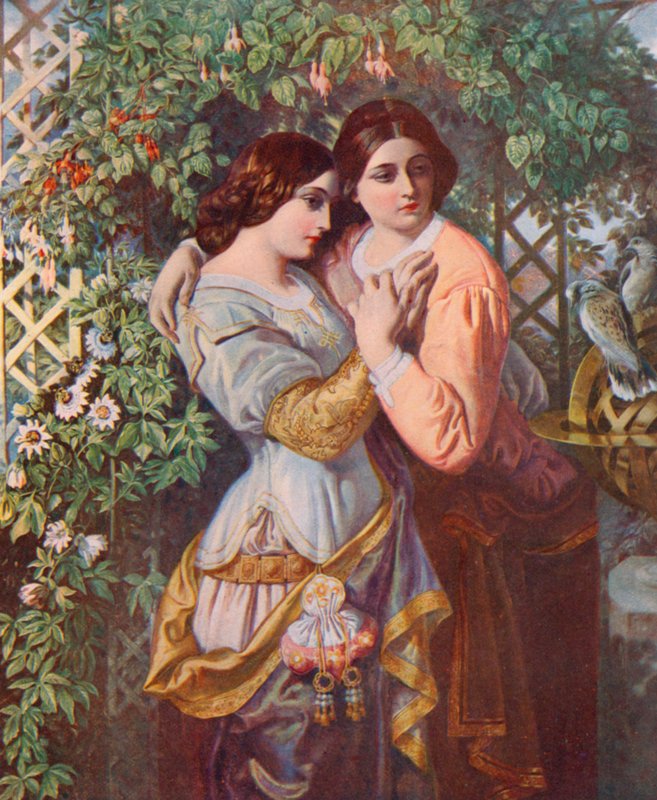 Shakespeare: Celia og Rosalind, As You Like It, Act I, Scene 3 (farve litho) af Daniel (after) Maclise