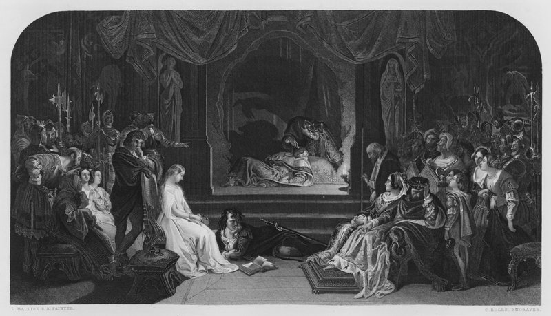 The Play Scene, Hamlet, fra billedet i Vernon Gallery (gravering) af Daniel (after) Maclise