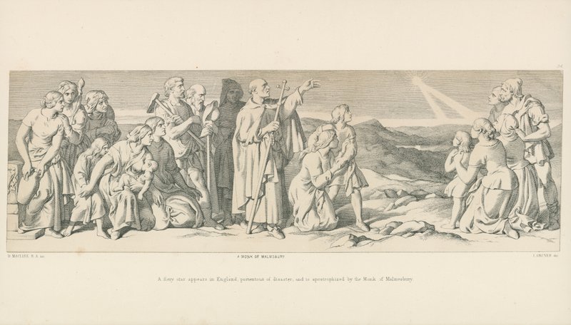 En brændende stjerne dukker op i England, der er tegn på katastrofe, og bliver apostroferet af munken af Malmesbury af Daniel Maclise