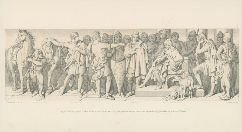 Guy of Ponthieu giver yderligere publikum til Harold og hans ledsagere, hvis løsladelse er krævet af Heralds fra hertug William af Daniel Maclise
