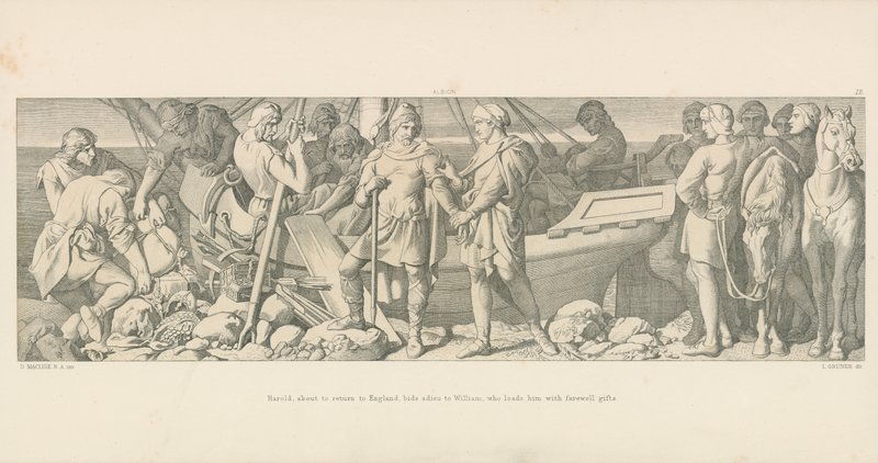 Harold, der er ved at vende tilbage til England, byder på William, som fylder ham med afskedsgaver af Daniel Maclise