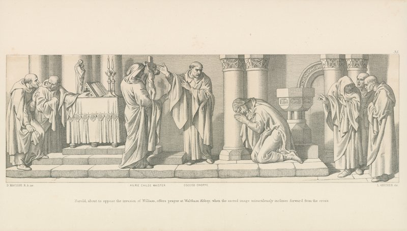 Harold, der er ved at modsætte sig Vilhelms invasion, beder bønner i Waltham Abbey, da det hellige billede på mirakuløs vis hælder sig fremad fra korset af Daniel Maclise