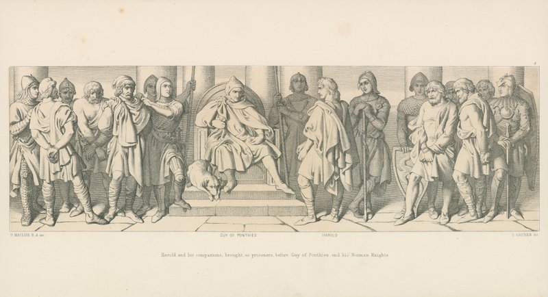 Harold og hans ledsagere bragte, som fanger, for Guy af Ponthieu og hans normanniske riddere af Daniel Maclise