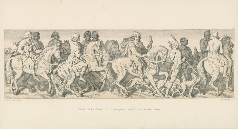 Harold og hans riddere kører til deres indskibningssted i Bosham, Sussex af Daniel Maclise