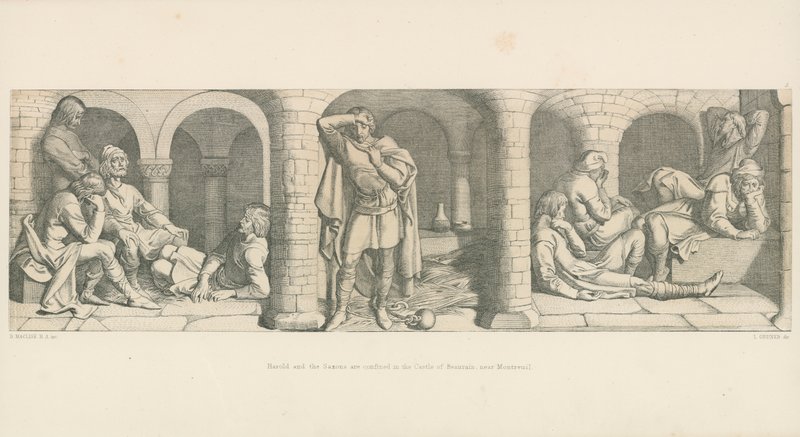Harold og sakserne er indespærret i slottet Beaurain, nær Montreuil af Daniel Maclise