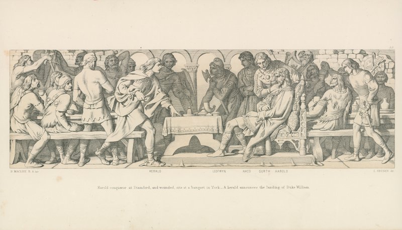 Harold erobrer i Stamford, og såret, sidder ved en banket i York. En herold annoncerer hertug Williams landgang af Daniel Maclise