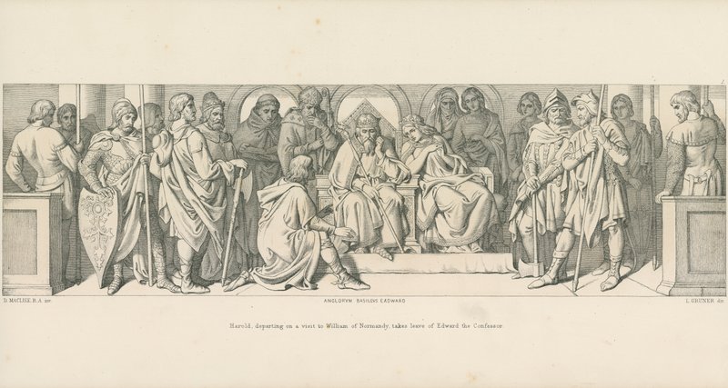 Harold tager afsted på besøg hos Vilhelm af Normandiet og tager afsked med Edvard Bekenderen af Daniel Maclise