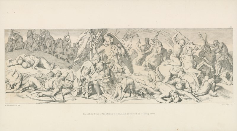 Harold, foran Standard of England, bliver gennemboret af en faldende pil af Daniel Maclise