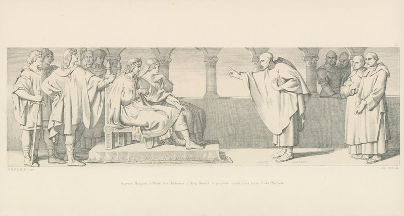 Hugues Maigrot, en munk, har kong Harolds publikum til at foreslå betingelser fra hertug William af Daniel Maclise