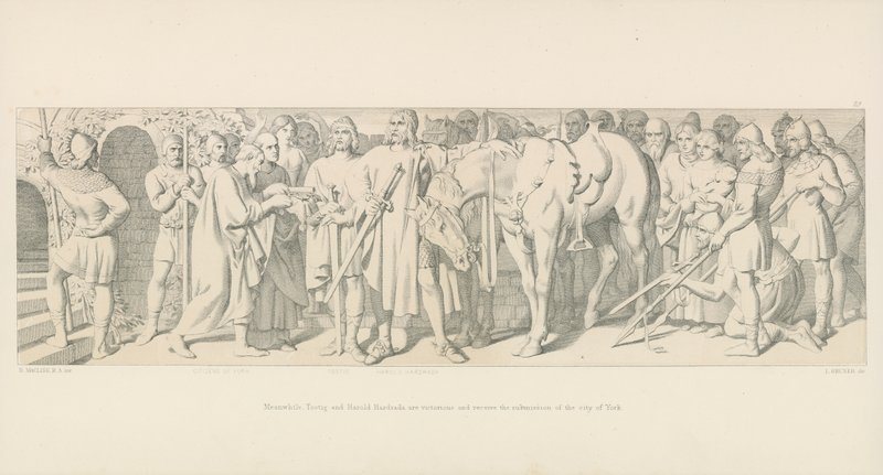 I mellemtiden er Tostig og Harold Hardrada sejrende og modtager underkastelse fra City of York af Daniel Maclise