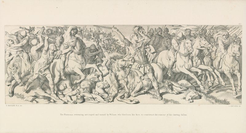 Normannerne, der trækker sig tilbage, bliver stoppet og vendt af William, som afslører sit ansigt for at imødegå rygtet om, at han er faldet. af Daniel Maclise
