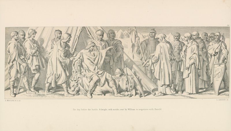 Dagen før slaget. En ridder, med munke, sendt af William for at forhandle med Harold af Daniel Maclise