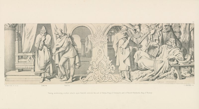 Tostig, der overvejer endnu et angreb på Harald, beder om hjælp fra Svend, kong af Danmark, og Harald Harold Hardrada, konge af Norge af Daniel Maclise