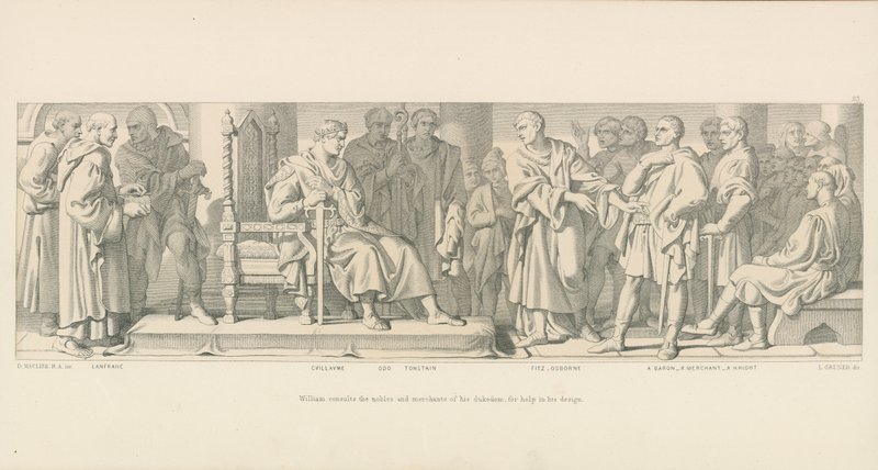 William konsulterer hans hertugdømmes adelige og handlende for at få hjælp til hans design af Daniel Maclise