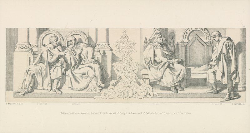 Vilhelm, der er opsat på at invadere England, beder om hjælp fra Filip I af Frankrig og Baldwin, jarl af Flandern, hans svigerfar. af Daniel Maclise