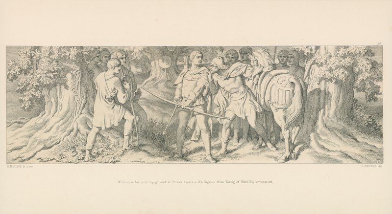 William, i sit jagtområde i Rouen, modtager efterretninger fra Tostig af Harolds kroning af Daniel Maclise
