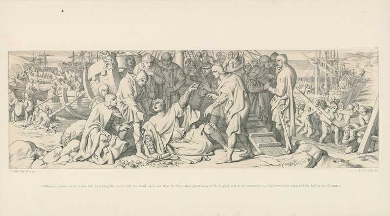William snubler, da han lander, men griber jorden med hånden og råber, at han således tager den engelske jord i besiddelse, og beroliger således sine tilhængere, der betragtede hans fald som et dårligt varsel. af Daniel Maclise