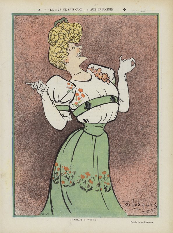 Charlotte Wiehe, dansk skuespillerinde. Illustration til Le Rire af Daniel de Losques