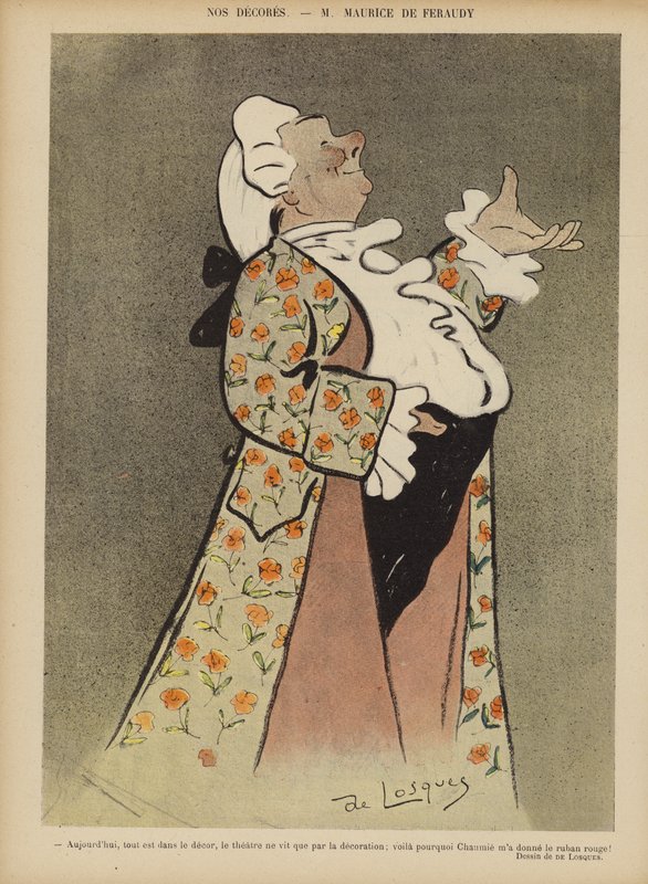 Maurice de Feraudy, fransk sangskriver og skuespiller. Illustration til Le Rire af Daniel de Losques