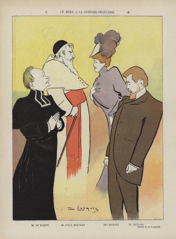 Opførelse af stykket Le Duel på Comedie-Francaise. Illustration til Le Rire af Daniel de Losques