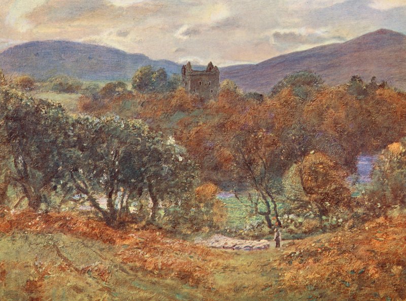 Newark Castle, ved floden Yarrow (farvelitografi) af David (after) Murray
