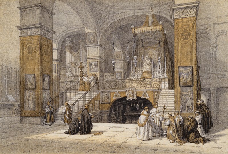 Bebudelseskirken, Nazareth (farve litho) af David (after) Roberts