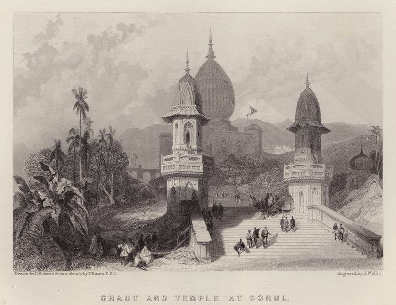 Ghaut og templet ved Gokul (farve litho) af David (after) Roberts