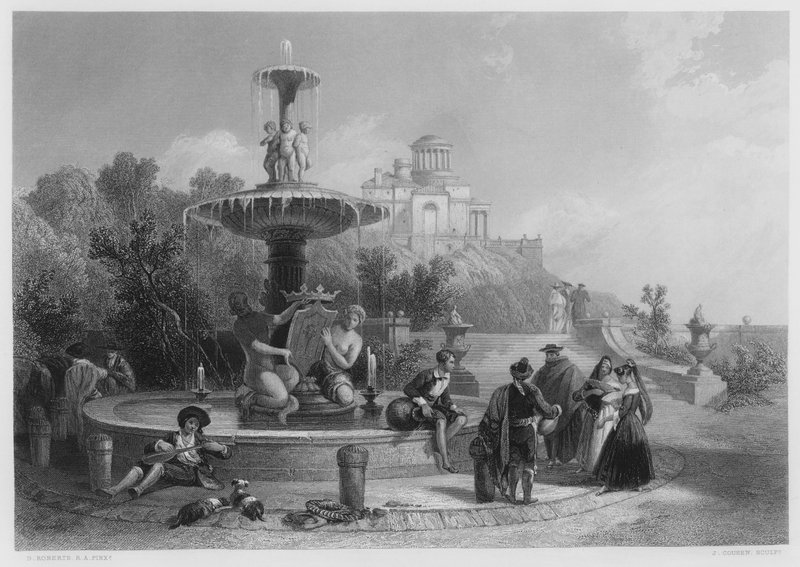 Fontænen i Madrid, fra billedet i den kongelige samling (gravering) af David (after) Roberts
