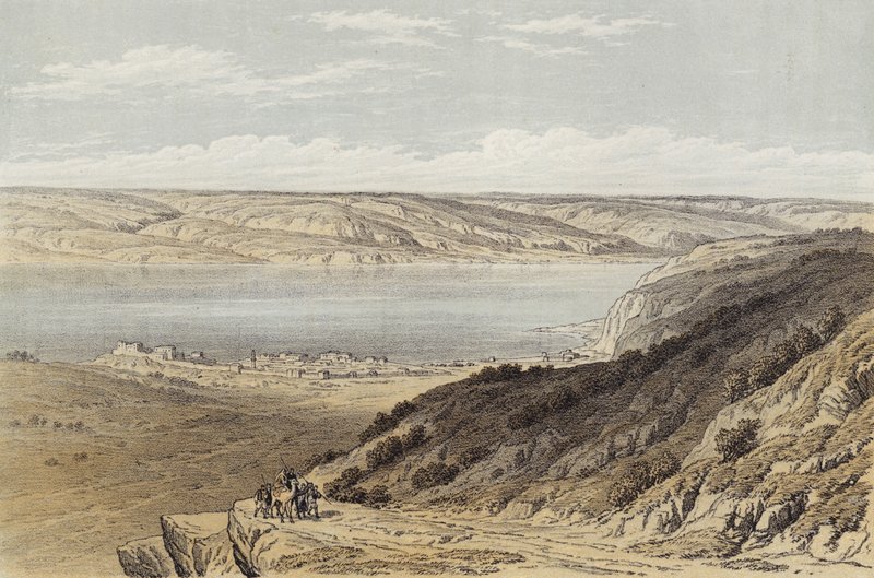 Tiberiashavet ser mod Bashan (farve litho) af David (after) Roberts