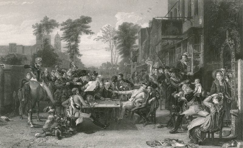 Chelsea-pensionister læser bladet om slaget ved Waterloo (gravering) af David (after) Wilkie