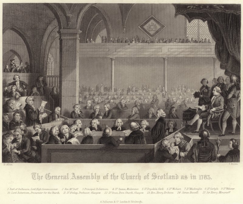 Generalforsamling for Church of Scotland som i 1783 af David Allan
