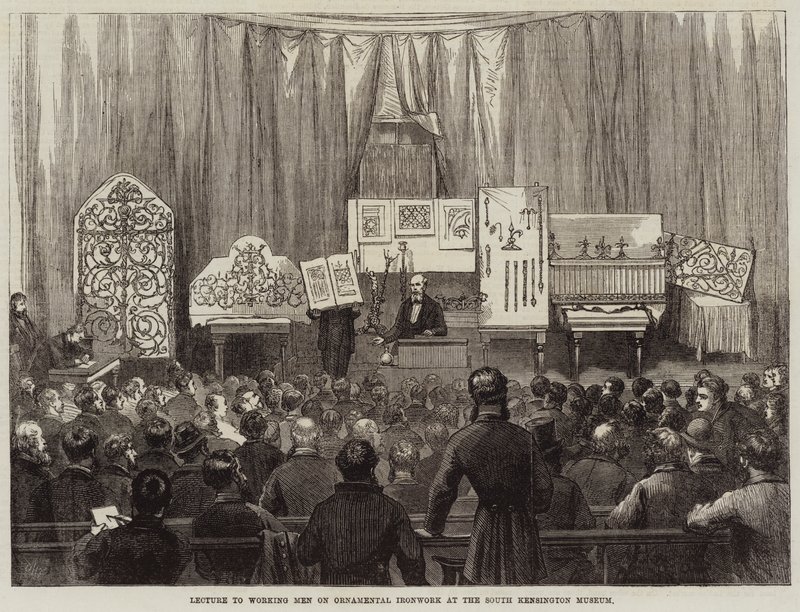 Foredrag til arbejdende mænd om ornamental jernarbejde på South Kensington Museum af David Henry Friston