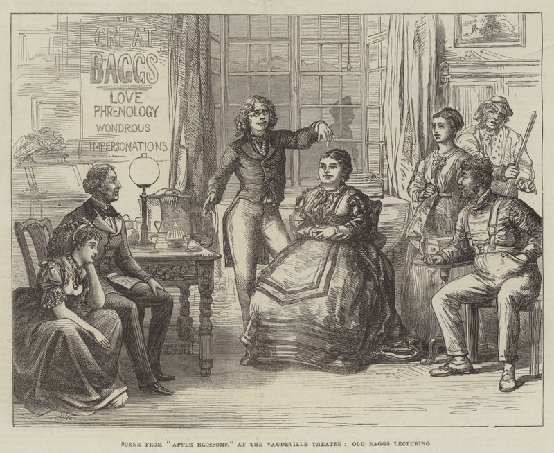 Scene fra Apple Blossoms i Vaudeville Theatre, Old Baggs holder foredrag af David Henry Friston