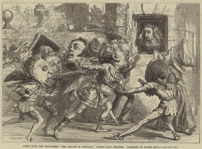 Scene fra Pantomime The Dragon of Wantley, Drury-Lane Theatre, Exterior of Moore Hall af David Henry Friston
