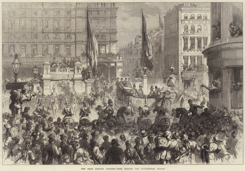 Shahen forlader Charing-Cross Station til Buckingham Palace af David Henry Friston