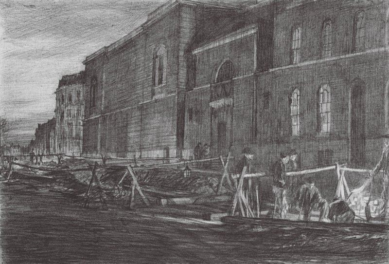 London: Dawn Newgate Prison (farvelitografi) af David Muirhead (after) Bone