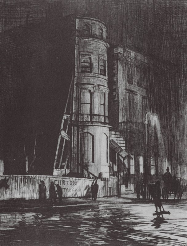 London: Piccadilly-Night, The Savile Club (farvelitografi) af David Muirhead (after) Bone
