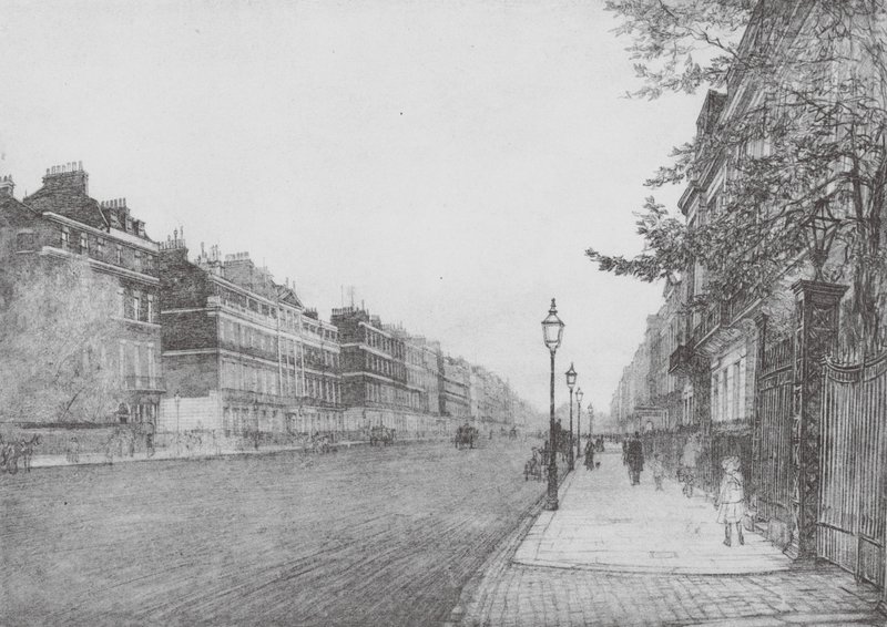 London: Portland Place (farvelitografi) af David Muirhead (after) Bone