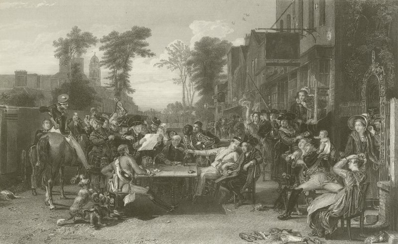 Chelsea Pensionister læser Gazette of the Battle of Waterloo af David Wilkie