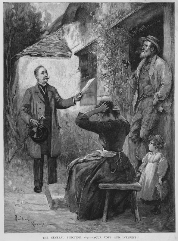 Indsamling af stemmer under den britiske valgkampagne i 1892 (litho) af Davidson Knowles