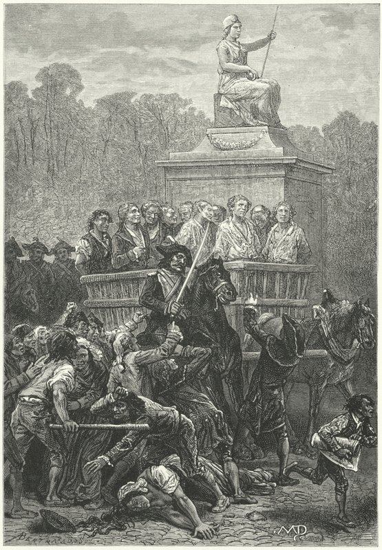 En tumbril fuld af fanger på vej til guillotinen, den franske revolution (gravering) af Diogene Ulysse Napoleon Maillart