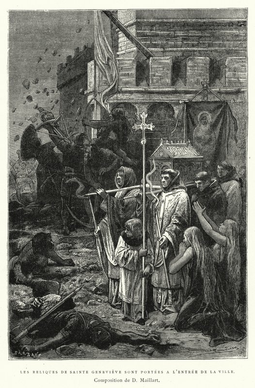 Relikvier af Saint Genevieve er båret ved indgangen til byen (gravering) af Diogene Ulysse Napoleon Maillart