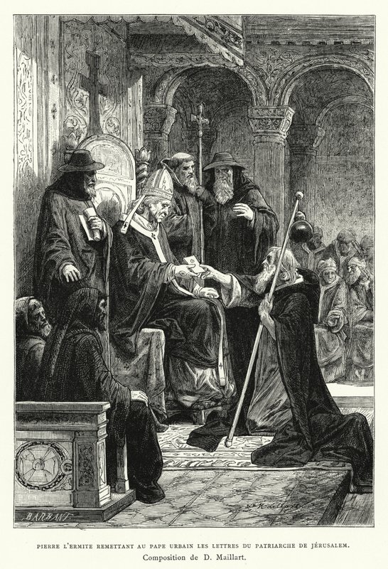 Eremitten Peter leverer til pave Urban brevene fra patriarken af ​​Jerusalem (gravering) af Diogene Ulysse Napoleon Maillart