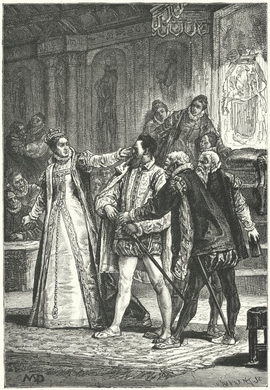 Jarlen af Essex truer med at trække sit sværd, efter at dronning Elizabeth I slog ham om øret for hans uforskammethed, 1598 af Diogene Ulysse Napoleon Maillart