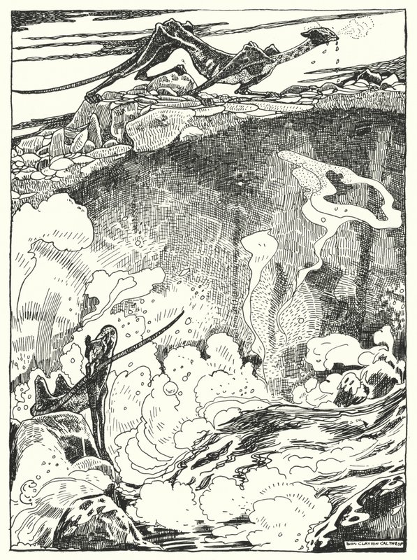 "Vi så drageungerne gå ned til bassinet for at drikke og rense sig" (gravering) af Dion Clayton Calthrop
