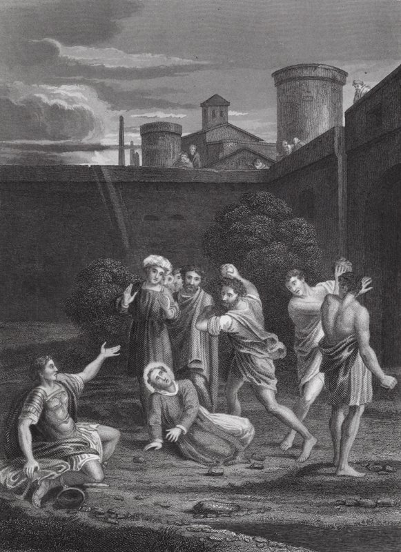 Steningen af Sankt Stefanus, Apostlenes Gerninger, kapitel VII, vers 54, 60 (gravering) af Domenichino (1581 1641) (after)