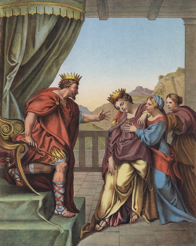 Kong Ahasverus lover Ester, at han vil give alt, hvad hun beder om (farve litho) af Domenichino