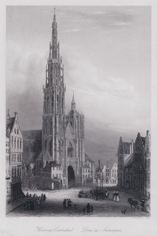 Antwerpen katedral (gravering) af Domenico (after) Quaglio